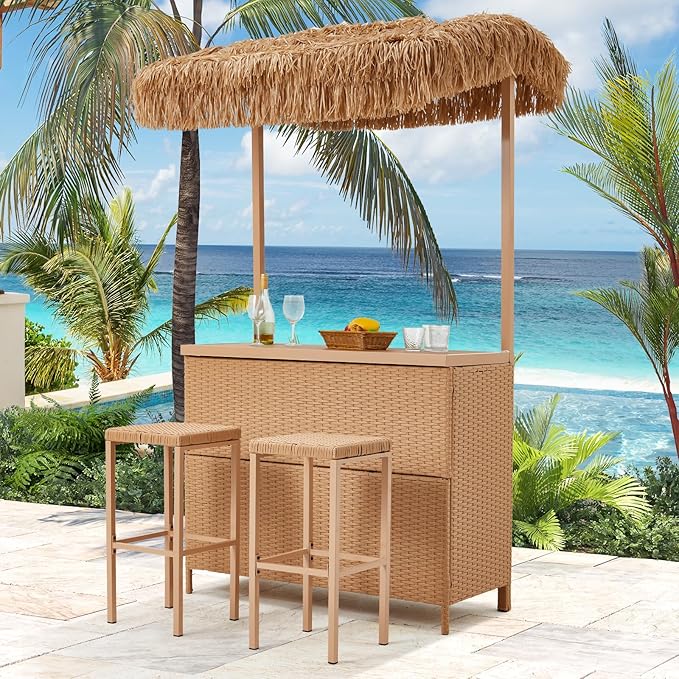 HOMREST Outdoor Tiki Bar Set, 3 Pieces Wicker Patio Bar Set w/2 Height Stools, Storage Shelf, Canopy, Plastic Wood Tabletop for Backyard Poolside Garden, Beige