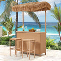 HOMREST Outdoor Tiki Bar Set, 3 Pieces Wicker Patio Bar Set w/2 Height Stools, Storage Shelf, Canopy, Plastic Wood Tabletop for Backyard Poolside Garden, Beige