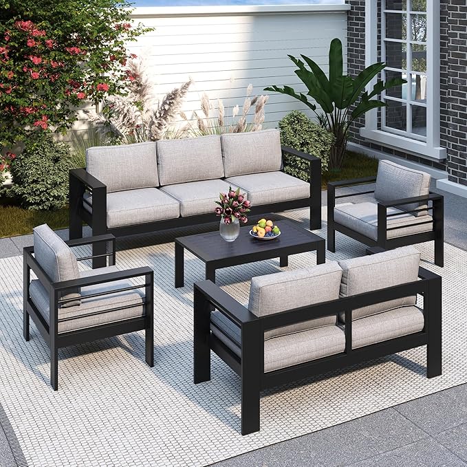 Solaste Aluminum Patio Furniture Set for All Weather, Oversized Metal Outdoor Furniture Set with 27.5" Deep Seating and 3.2" Wide Armrest, Patio Conversation Set with 10’’ Back Cushion, Black and Grey