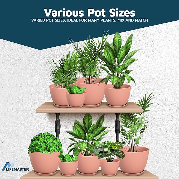 Pink Plant Pots with Drainage Holes & Saucers 3 Pack, Indoor & Outdoor Stackable Space-Saving Planters for Houseplants & Flowers, (7", 6.7", and 6" Inches), Durable & Weatherproof Materials