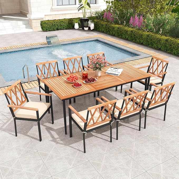 Tangkula 9-Piece Patio Dining Set, Outdoor Acacia Wood Dining Table with 1.9" Umbrella Hole& 8 Dining Chairs with Cross Hollow Back and Seat Cushions, for Garden, Porch, Deck, Natural