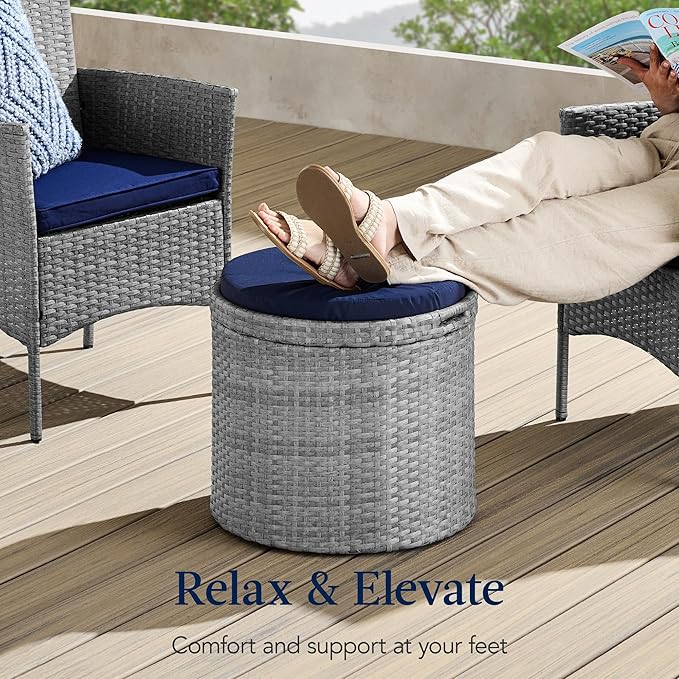 Best Choice Products Round Wicker Ottoman, Multipurpose Outdoor Furniture for Patio, Backyard, Additional Seating, Footrest, Side Table w/Storage, Removable Cushions – Gray/Navy