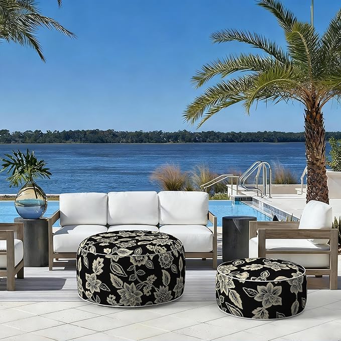 LVTXIII Indoor/Outdoor Inflatable Ottoman with Handle D21 x H9 Inch, Weather-Resistant Round Footstool Pouf for Patio Camping Living Room, Portable Footrest Extra Seating, Elegant Vines Black
