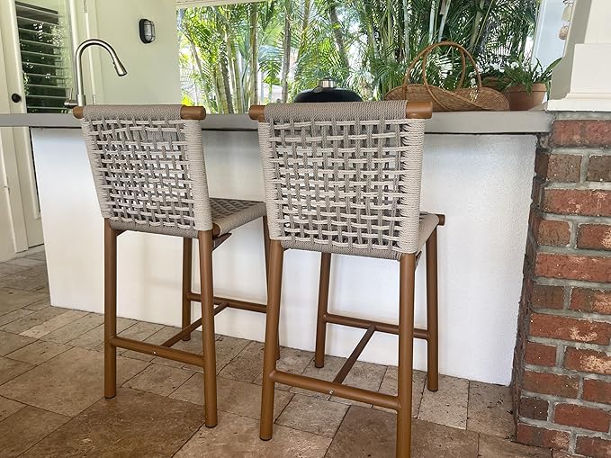 PURPLE LEAF Outdoor Bar Stools Set of 4 Aluminum Counter Height Wicker Stool with Back for Backyard Pool Lawn Kitchen Patio Metal Barstool Chairs Teak