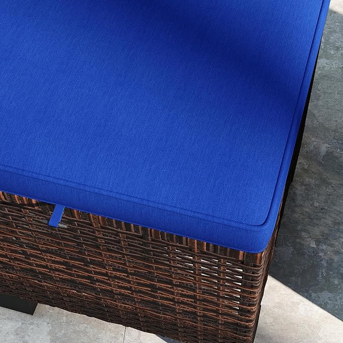 Outsunny 2 Pieces Outdoor Patio Ottomans, All Weather Wicker Outdoor Footstools with Removable Cushions, 3-in-1 PE Rattan Ottoman Seat, Footrest and Side Table for Backyard, Poolside, Dark Blue