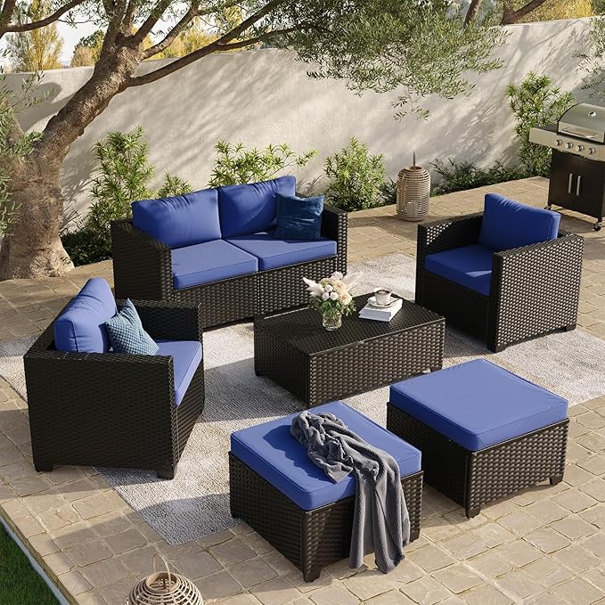 Aoxun 7 Piece Outdoor Patio Furniture Set 6 Seats, Outdoor Sectional with Thick Waterproof Cushions & Storage Coffee Table, Patio Conversation Sets for Garden,Backyard, Porch, Balcony, Deck, Blue
