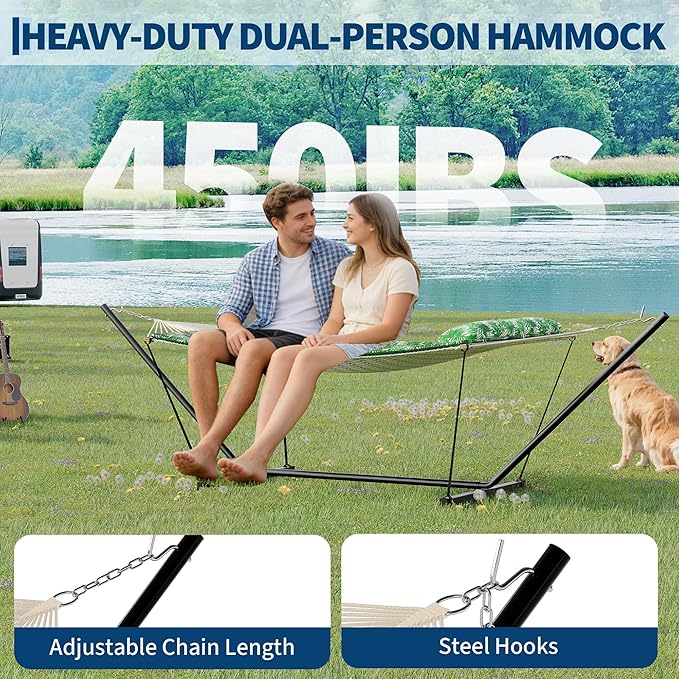 Double Hammock with Heavy-Duty Steel Stand, 2 Person Portable Hammock, 450LBS Max Weight Capacity, Easy Assembly, Ideal for Indoor, Backyard, Camping & Outdoor Use