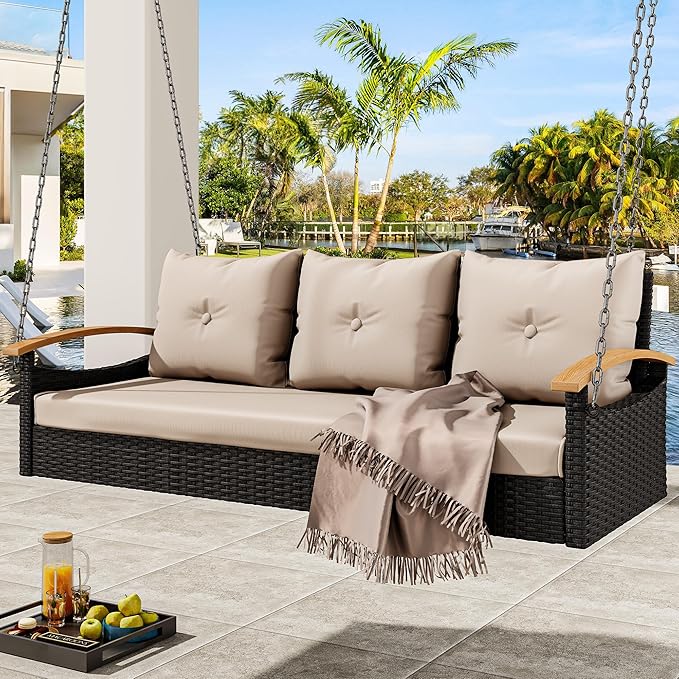 YITAHOME Porch Swing with Cushion 3-Seats Front Hanging Wicker Swing Rattan Patio Swing Lounge Chair Hammock for Garden, Balcony, Deck