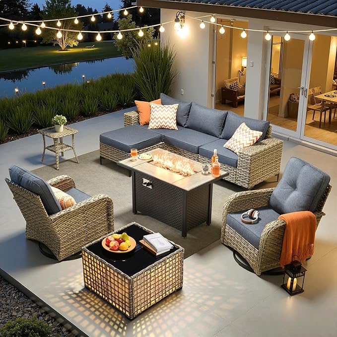 ovios 9-Piece Patio Furniture Set with L-Shape Sofa Chaise, Outdoor Sectional Couch Swivel Gliders Fire Pit Table Solar Table, Modern Modular Wicker Rattan Conversation Set, Denim Blue