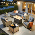 ovios 9-Piece Patio Furniture Set with L-Shape Sofa Chaise, Outdoor Sectional Couch Swivel Gliders Fire Pit Table Solar Table, Modern Modular Wicker Rattan Conversation Set, Denim Blue