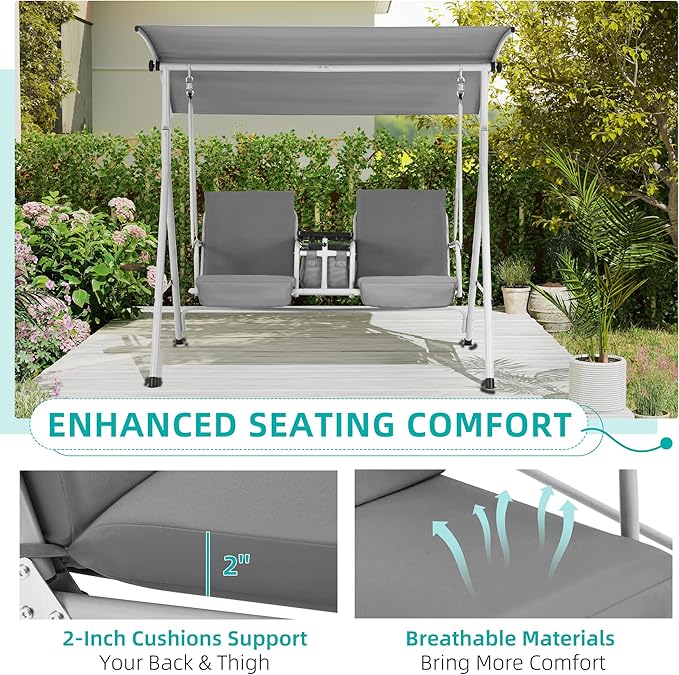 HOMREST 2 Seat Outdoor Porch Swing,Patio Swing with Adjustable Canopy,Heavy Duty 650 LBS Outdoor Swing with Pivot Storage Table & 2 Cup Holders & Cushions for Yard, Lawn, Backyard, (Grey)
