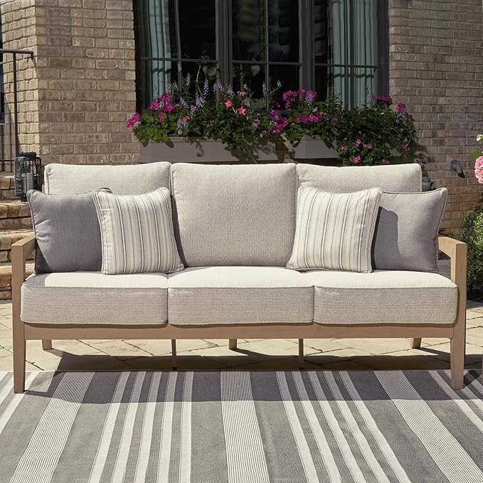 Signature Design by Ashley Hallow Creek Cottage Nuvella Weather Resistant Fabric Outdoor Sofa with Cushion and 4 Throw Pillows, Light Brown & Beige