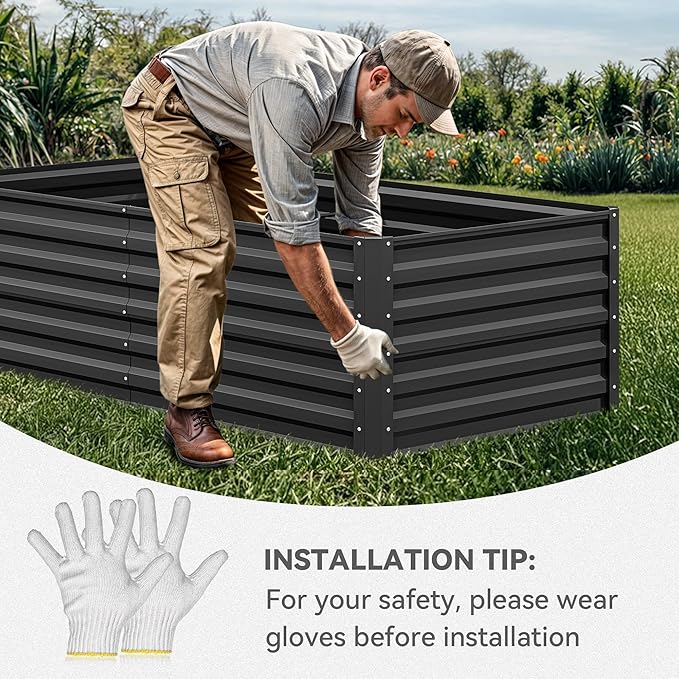 YITAHOME 6x3x2 ft 4pcs Galvanized Raised Garden Bed Kit, Large Metal Planter Box with Gloves & Support Rod, Outdoor Flower Bed for Plants Vegetables, Black