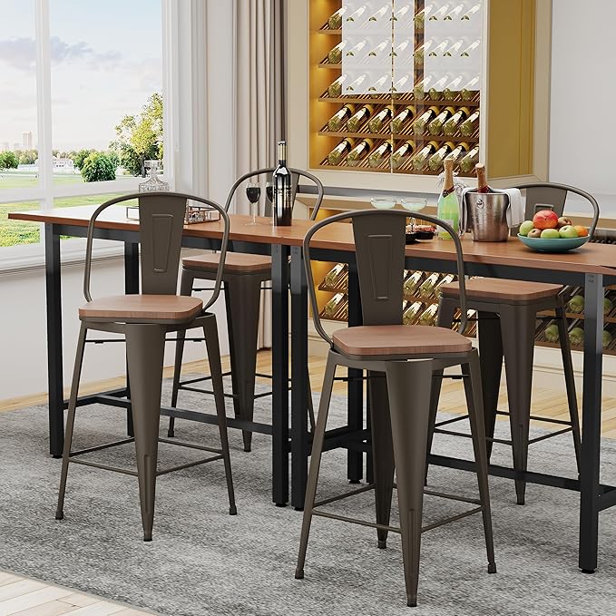 Alunaune 26" Swivel Metal Counter Height Bar Stools Set of 4 High Back Industrial Bar Chairs Kitchen Barstools with Large Wooden Seat-Rusty