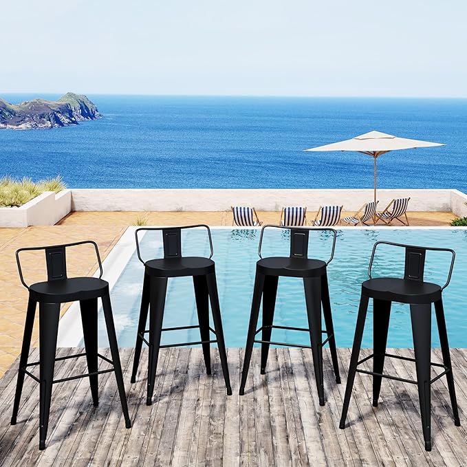 Aklaus Metal Bar Stools Set of 4 Counter Height Bar Stools for Kitchen Island Farmhouse Barstools with Removable Back 24" Indoor Outdoor Barstools, Matte Black