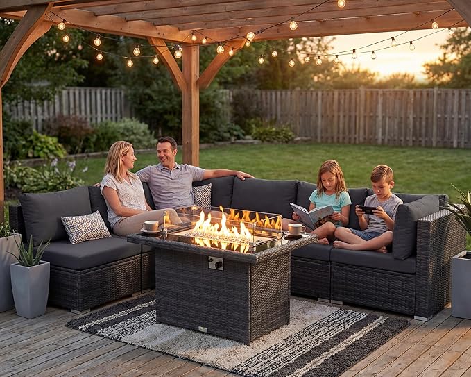 NICESOUL 29.3'' High Back Outdoor Patio Sectional Furniture Sofa Set with Fire Pit Table Natural Gas/Propane, 7 Piece Luxury Extra-Large Wicker Conversation, Deep Wide Couches for Backyard, Dark Gray