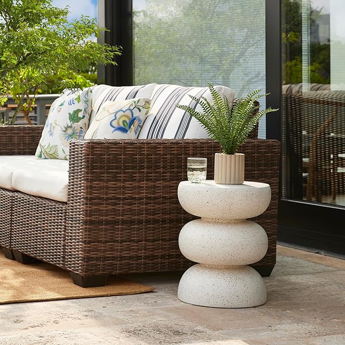 Glitzhome Outdoor Side Table Set of 2, 18" H Decorative Garden Stool MgO Faux Terrazzo End Table, Heavy Duty Indoor Outdoor Round Planter Stand for Living Room Bedroom Patio Deck Poolside,White