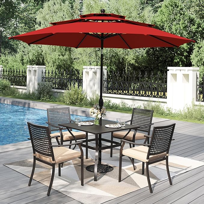 PHI VILLA 5 Pieces Outdoor Dining Set for 4 with 10ft Umbrella, 37" Metal Square Table & Stackable Wrought Iron Chair with Cushions & Red Umbrella, Modern Furniture Set for Patio, Deck, Yard, Porch