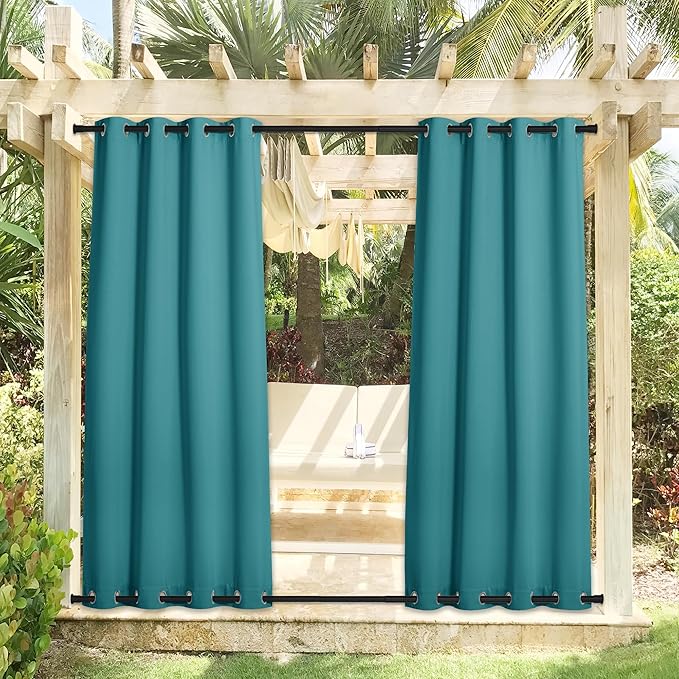 NICETOWN 2 Panels Peacock Teal Outdoor Curtains for Patio Waterproof, Rustproof Grommet Top & Bottom Thermal Insulated Keep Rain Out Blackout Weighted Wind Break Drapes for Pergola, W52 x L108