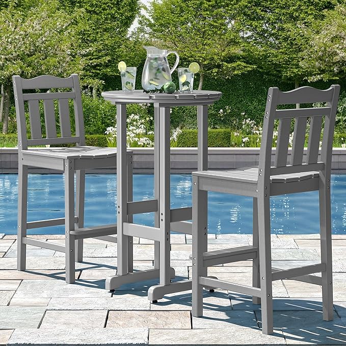 nalone Outdoor Bar Stools Set of 2, HDPE Tall Adirondack Chairs Bar Chairs, Weather Resistance Bar Height Chair for Balcony, Garden, Yard, Backyard (Grey, Bar Chairs Set of 2)