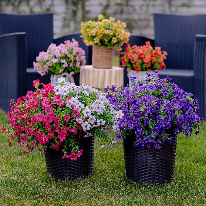 Artificial Flowers for Outdoors Fake Plants - 16 Bundles Fake Plants UV Resistant No Fade Faux Plastic Greenery Home Garden Porch Patio Decoration Office Indoor (Purple)