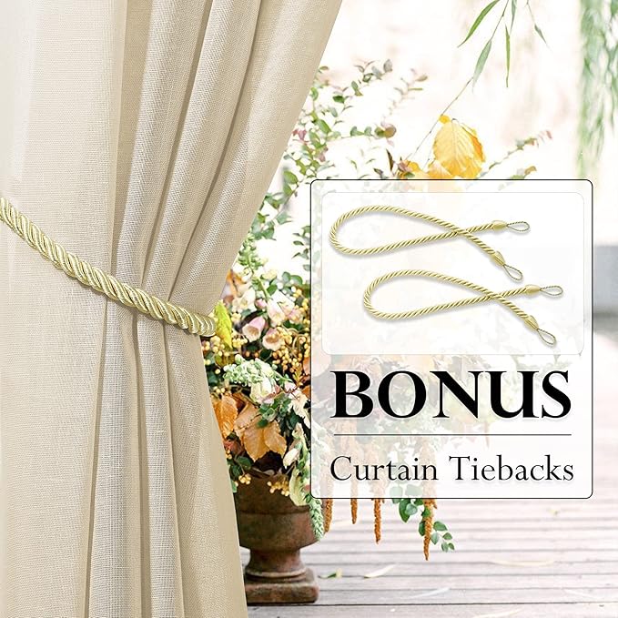 RYB HOME Outdoor Indoor Farmhouse Linen Sheer Curtains - Rustic Semi Sheer Privacy Drapes with Curtain Ropes for Patio Gazebo, 52 inch Wide x 108 inch Long, 2 Panels, Beige