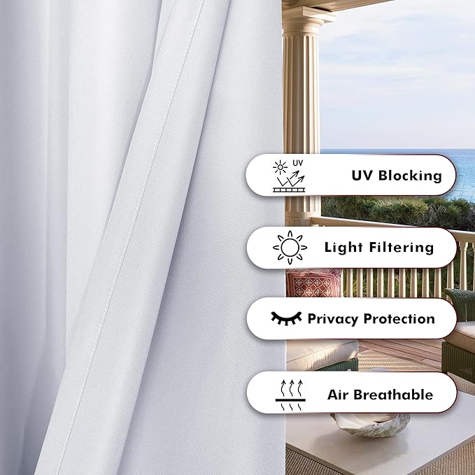 BONZER Outdoor Curtains for Patio Waterproof, Premium Thick Privacy Weatherproof Grommet Outside Curtains for Porch, Gazebo, Deck, 1 Panel, 54W x 84L inch, White