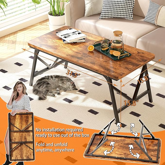 Folding Coffee Table, No Assembly Low Coffee Table, Floor Table Desk for Sitting on The Floor, Portable Floor Table for Living Room, Home, Caravan and use, 31.5L‘ x 15.8W’ x 15.8H’