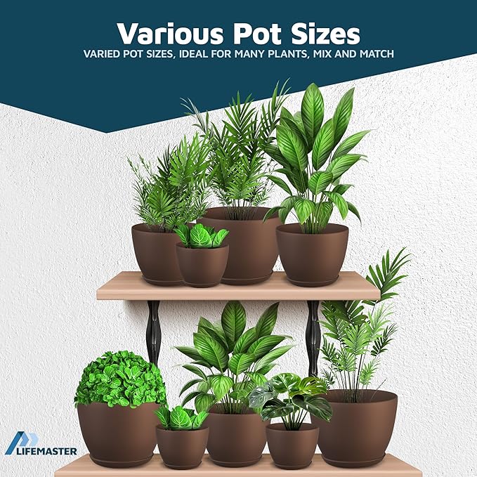 Planter Pots with Drainage Holes - Lightweight, Durable & Space-Saving Pots for Indoor and Outdoor - Versatile Functionality, Simple Modern Design, Set of 5 Plastic Planter Pots - Brown