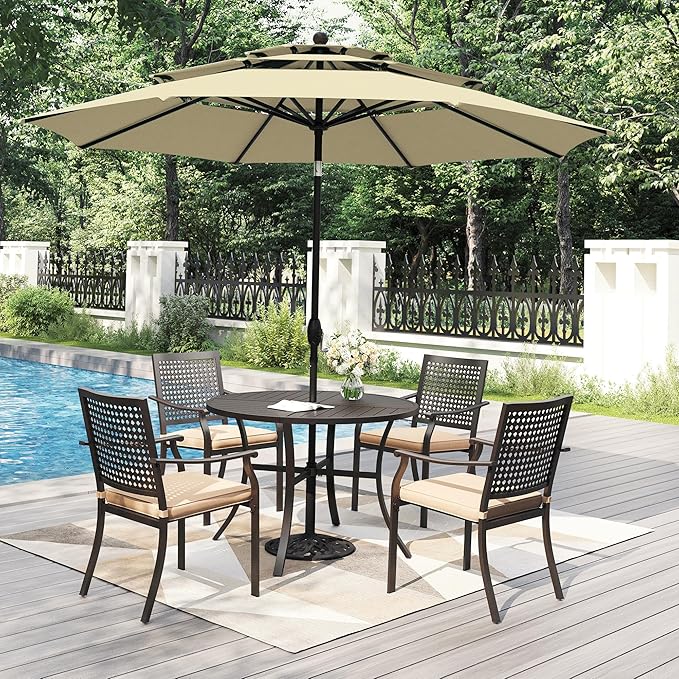 PHI VILLA 5 Pieces Outdoor Dining Set for 4 with Umbrella, 42" Large Round Metal Steel Table & Stackable Iron Chairs with Cushions & 10ft Beige Umbrella, Modern Furniture for Patio, Deck, Yard, Porch