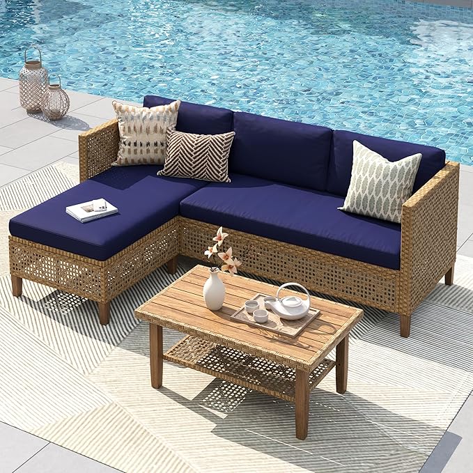 PHI VILLA Sectional Outdoor Couch, Small Patio Furniture Set with Cushions and Acacia Wood Coffee Table, L-Shaped Wicker Outdoor Sofa for Deck or Porch, 4 Seats, Navy Blue
