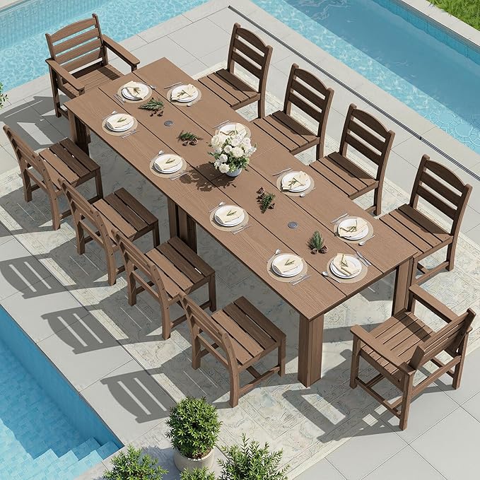 SERWALL Outdoor Dining Sets for 10, HDPE Dining Sets for 10 Person with 2 Rectangular Tables and 8 Armless Chairs and 2 Armchairs, Patio Dining Sets for Garden, Backyard, Poolside, Brown
