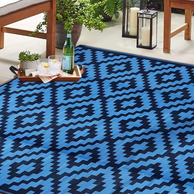 SAND MINE Waterproof Outdoor Rug 9x18 ft, Plastic Reversible Rug, Modern Area Rug, Large Floor Mat for Outdoors, RV, Patio, Backyard, Deck, Picnic, Beach, Camping, Blue