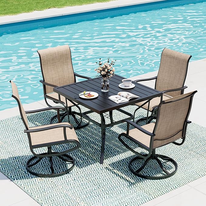 5-Piece Outdoor Dining Set, Patio Furniture Set with Textilene Swivel Chairs, Outdoor Table & 4 Chairs for Garden, Backyard, Poolside, Deck, Beige