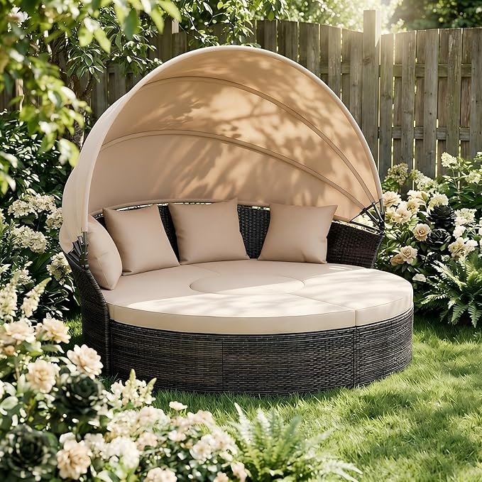 Incbruce Patio Round Daybed with Retractable Canopy, Black Wicker Rattan Sectional Sofa Furniture Set with Separated Cushion Seats for Patio, Porch and Backyard (Brown)