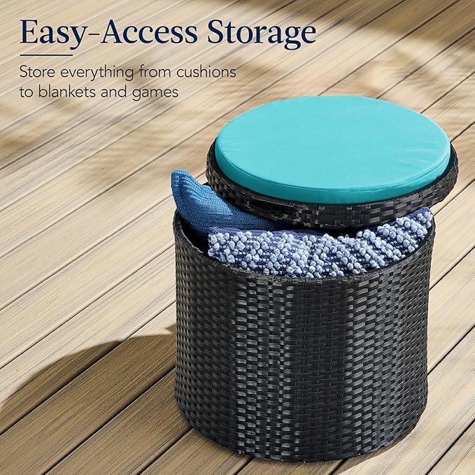 Best Choice Products Round Wicker Ottoman, Multipurpose Outdoor Furniture for Patio, Backyard, Additional Seating, Footrest, Side Table w/Storage, Removable Cushions – Black/Teal