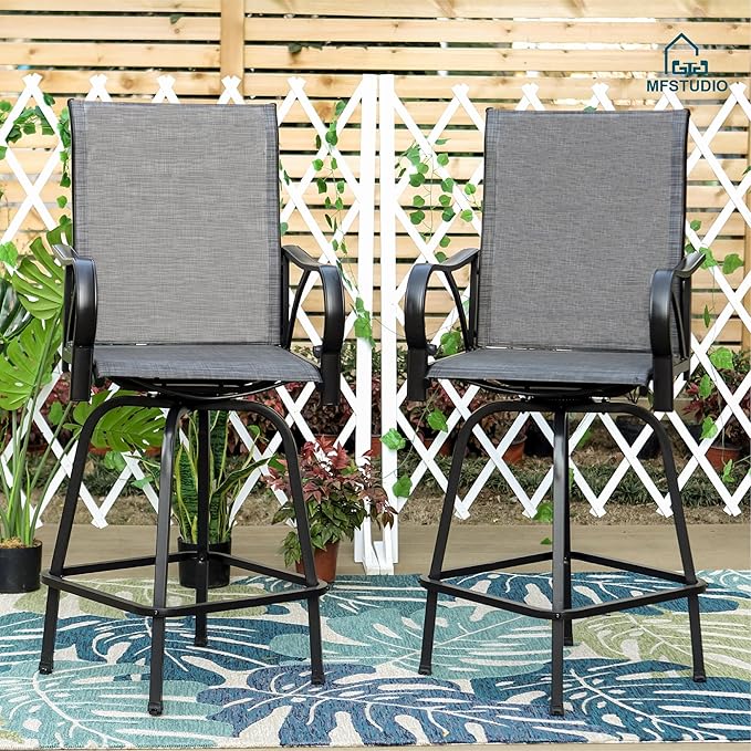 MFSTUDIO Outdoor Bar Stools Set of 2, Swivel Bar Height Patio Chairs Outdoor Barstools High Top Patio Swivel Bar Chairs with Armrest, Breathable Textilene, Grey