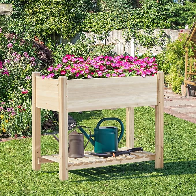 Yaheetech 34x18x30in Raised Garden Bed, Planter Box with Legs & Storage Shelf, Wooden Elevated Vegetable Growing Bed for Backyard, Patio, Balcony