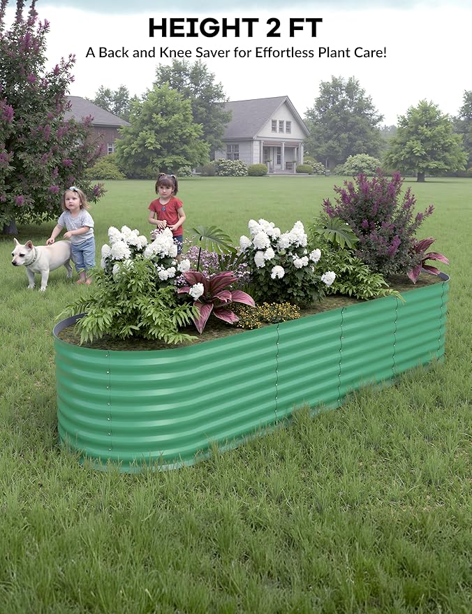 GarveeLife 8x2x2 ft Galvanized Raised Garden Bed - 24“ Tall Metal Planter Box for Vegetables, Flowers, Herbs, Rust-Resistant Outdoor Garden Box, Easy Assembly Raised Beds for Gardening, Green