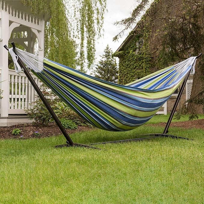 Vivere Double Cotton Hammock with Space Saving Steel Stand, Upgraded Polyester End Strings 450 lb Capacity - Premium Carry Bag Included - USA Grown Cotton (Oasis)