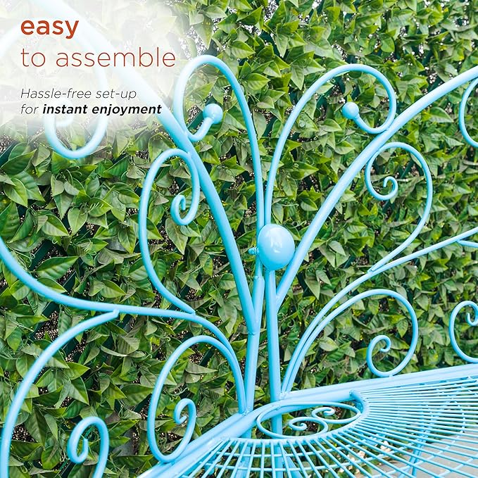 Alpine Corporation BAZ400BL Indoor Outdoor Metal Butterfly Shaped Garden Bench, 62" Long, Blue