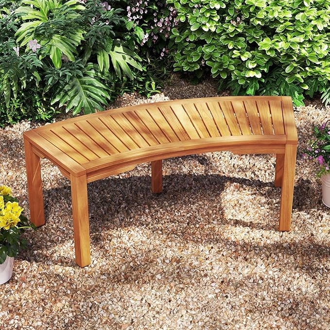 Tangkula Outdoor Curved Bench, Acacia Wood Fire Pit Bench w/Slatted Seat, Patio Backless 2-Person Seating for Porch, Yard, Garden, 800 LBS Max Load, Oil Painted (1, 45")