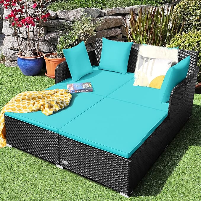 HAPPYGRILL Outdoor Rattan Daybed Patio Loveseat Sofa Set with Padded Cushion Pillows and Sturdy Aluminum Foot, Wicker Patio Furniture for Garden Porch Poolside
