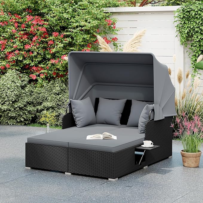 ORALNER Outdoor Daybed, 2-Person Wicker Patio Sofa with Retractable Canopy, Cushions & Pillows, 2 Side Trays, PE Rattan Double Sunbed Lounger for Deck Poolside Backyard Garden Balcony (Gray)