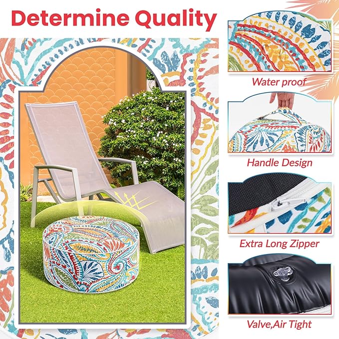 Juexica 2 Pack Outdoor/Indoor Inflatable Ottoman 21 x 9 Inch Paisley All Weather Round Footrest Stool with Handle Water Repellent Portable Footstool Pouf for Patio Garden Camping Home Deck Travel