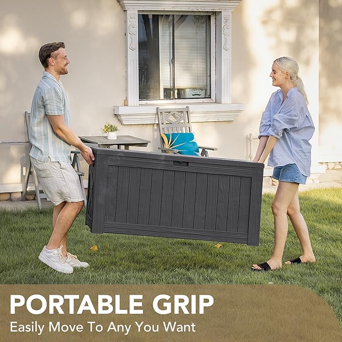 Devoko 120 Gallon Deck Box Resin Outdoor Storage Box Waterproof for Patio, Large Outdoor Storage Bench Lockable for Outside (Grey)