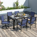 7-Piece Outdoor Patio Dining Set for 6, 59” Table with 4 Textilene Dining Chairs & 2 Swivel Chairs, Patio Furniture Set with Durable Metal Frame for Backyard Garden, Deck, and Poolside (Blue)