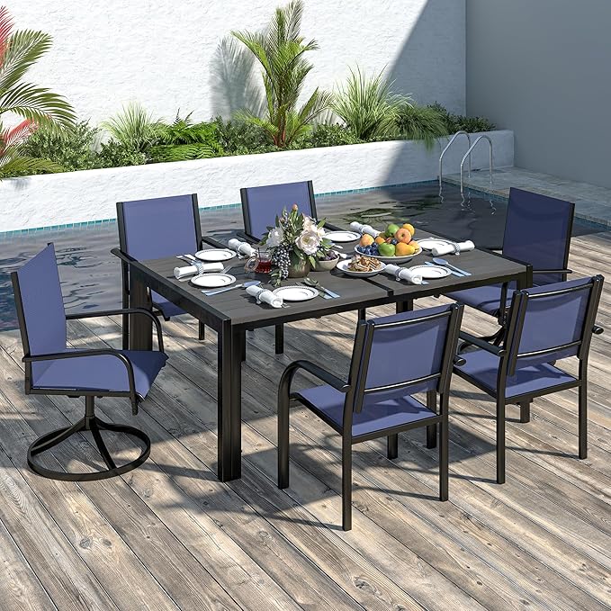 7-Piece Outdoor Patio Dining Set for 6, 59” Table with 4 Textilene Dining Chairs & 2 Swivel Chairs, Patio Furniture Set with Durable Metal Frame for Backyard Garden, Deck, and Poolside (Blue)