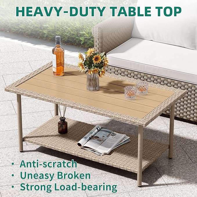 YITAHOME Outdoor Wicker Coffee Table with 2-Layer, 39.4" Rectangle Outside Side Table with Faux Wood Top, All-Weather Rattan Patio Bistro Table for Garden Backyard Porch - Brown
