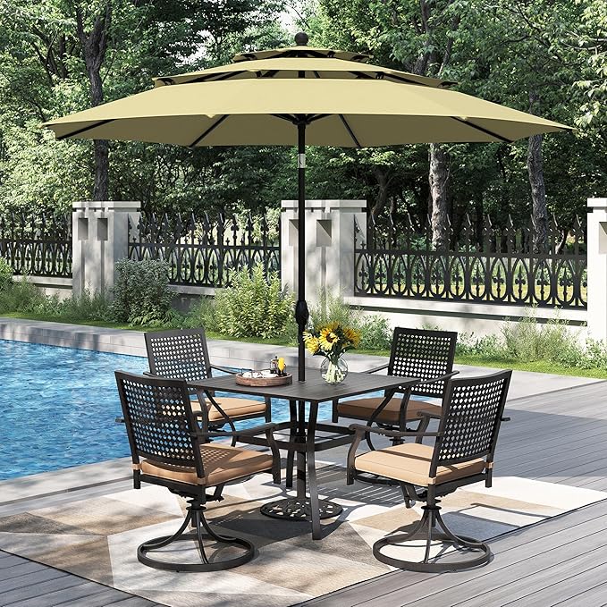 PHI VILLA 5 Pieces Outdoor Dining Set for 4 with 10ft Umbrella, 37" Metal Square Table & Swivel Wrought Iron Chair with Cushions & Beige Umbrella, Modern Furniture Set for Patio, Deck, Yard, Porch